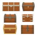 Collection of old wooden chests of various shapes and sizes. Pirate treasure. Cartoon style illustration.