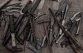 Collection of old woodworking handtools on rough workbench wooden Royalty Free Stock Photo