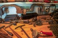 Antique tools on a workbench Royalty Free Stock Photo
