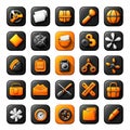 Collection of orange and black rounded square icons featuring various tools and objects, including scissors, camera, and globe Royalty Free Stock Photo