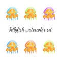 Collection of orange jellyfish sea underwater ocean animals with tentackles isolated on white background. Watercolor hand drawn Royalty Free Stock Photo