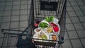 Set of reusable and zero waste cotton shopping bags for food in cart