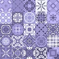 Collection of oriental ceramic tiles in blue tones. Seamless vector patchwork pattern with ornamental motifs Royalty Free Stock Photo