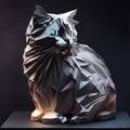 Among the collection of origami paper sculptures, the dramatic and silhouetted chubby gray cat figures captivate attention with