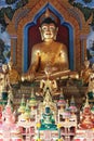 Collection of ornate, colorful Buddha statues with intricate gold detailing