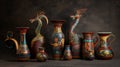 Collection of ornate dragon-themed pitchers with intricate patterns and rich colors on a dark background