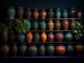 A collection of ornate and intricate pots with bold colors and patterns