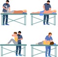 Collection of osteopaths performing treatment manipulations or massaging their patients. Masseur icons set. Specialists Royalty Free Stock Photo