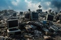 A collection of outdated computer systems piled up on top of a heap of debris, Technological waste thrown in a landfill, AI Royalty Free Stock Photo