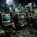 A group of old computers in a room