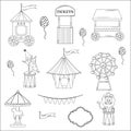 Collection of outline circus. Tent, clown, ticket office, lion Royalty Free Stock Photo