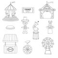 Collection of outline circus. Tent, toy, carousel, tickets Royalty Free Stock Photo