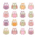 Collection of owls in pastel colors.