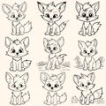 Collection pack of foxes coloring page for children.?artoon style hand drawing vector in black outline on a white background Royalty Free Stock Photo