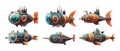 Collection Pack of Steampunk Fish Submarines 3D Rendered Models set against transparent background Royalty Free Stock Photo