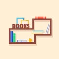 Collection of paper books. Wooden bookshelf. Vector flat illustration