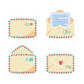 Collection of paper envelopes with air mail stripes. Open, closed, front, back view. Postage stamps and postmarks on it, letter or Royalty Free Stock Photo