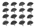 Collection of paper fans. Hand fan. Black silhouettes of Chinese, Japanese paper folding fans, traditional Asian souvenirs. Royalty Free Stock Photo