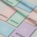 Soft pastel cards with revolve logo and monogram displayed in a grid pattern Royalty Free Stock Photo