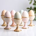 Delicate pastel eggs displayed in elegant ceramic holders for breakfast arrangement on white background Royalty Free Stock Photo