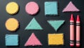 Collection of pastel colored geometric shapes, circle, square, triangle, and rectangle, made with crayon texture. Two pink Royalty Free Stock Photo