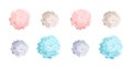 Collection of pastel colored pom poms of different size. Dance props used in choreography performances and cheerleading