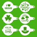 Collection of Patrick`s Day coffee stencils for drawing picture on macchiato, cappuccino, latte. ÃÂ¡lover, rainbow, hat.