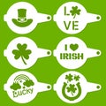 Collection of Patrick`s Day coffee stencils for drawing picture on macchiato, cappuccino, latte. Silhouettes template for laser cu