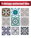 9 collection patterned Vintage tiles Royalty Free Stock Photo