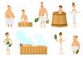 Collection of people bathing in sauna or banya full of steam. Activity for wellness and recreation. Sauna or SPA Royalty Free Stock Photo