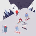 Collection of people characters, Men and Women skiing, snowboarding, cross-country skiers, skijoring, jumping Royalty Free Stock Photo