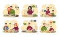 Collection of people cooking in kitchen, serving table, dining together, eating food. Set of smiling men, women and