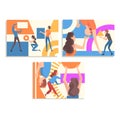 Collection of People Organizing Colorful Abstract Geometric Shapes, Men and Women Holding and Arranging Different