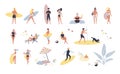 Collection of people performing summer outdoor activities at beach - sunbathing, walking, carrying surfboard, swimming