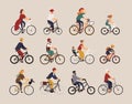 Collection of people riding bicycles of various types - city, bmx, hybrid, chopper, cruiser, single speed, fixed gear