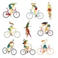 Collection of people riding bicycles of various types. Set of cartoon men and women on bikes. Vector illustration.