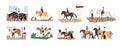 Collection of people riding horses. Bundle of cute men, women and children practicing horseback riding or equestrianism