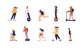 Collection of people riding skateboard, longboard and modern personal transporters - hoverboard or self-balancing board