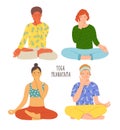 Collection of people sitting with crossed legs on floor and performing yoga breathing exercise. Girls and boys with