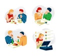 Collection of people sitting and eating different delicious meals. Set of men and women tries tasty food at restaurant