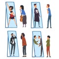 Collection of People Standing in Front of Mirror Looking at Their Reflection and Imagine Themselves as Successful