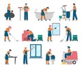 Collection of people in uniform doing professional cleaning Royalty Free Stock Photo