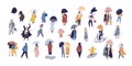 Collection of people walking under umbrella on autumn rainy day isolated on blue background. Crowd of tiny men and women