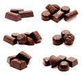 Collection of photos assortment of chocolate candies sweets isolated