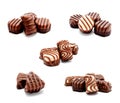 Collection of photos assortment of chocolate candies sweets isolated