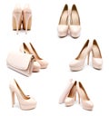Collection of photos biege high heel woman shoes and clutch