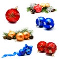 Collection of photos christmas decoration gold red blue lilac balls with fir cones and fir tree branches isolated Royalty Free Stock Photo