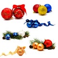 Collection of photos christmas decoration gold red blue silver balls with fir cones and fir tree branches isolated Royalty Free Stock Photo