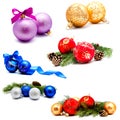 Collection of photos christmas decoration gold red blue silver balls with fir cones and fir tree branches isolated Royalty Free Stock Photo