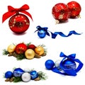 Collection of photos christmas decoration gold red blue silver balls with fir cones and fir tree branches isolated Royalty Free Stock Photo